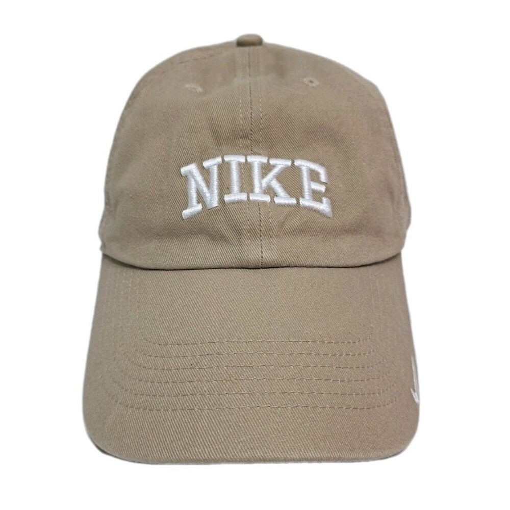 Nike Khaki Hat Cap Strapback Adjustable Beige Tan Spellout Logo Desert Golf Run